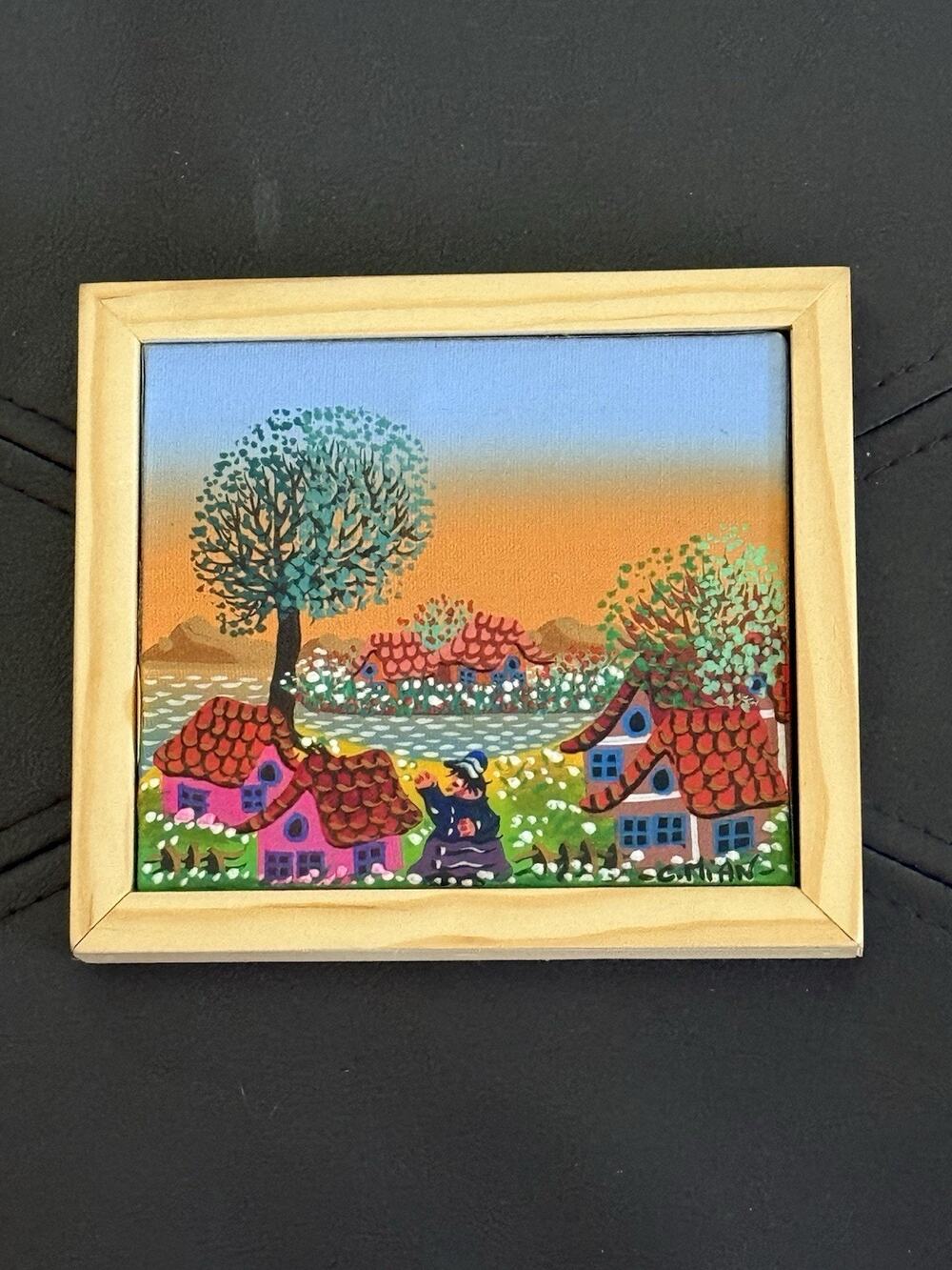Signed Original Folk Art Village Landscape Painting in Frame-Village Scene